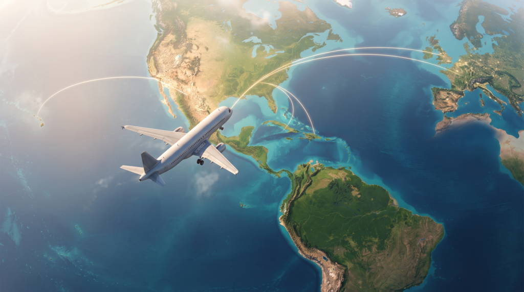 airplane flying over international destinations