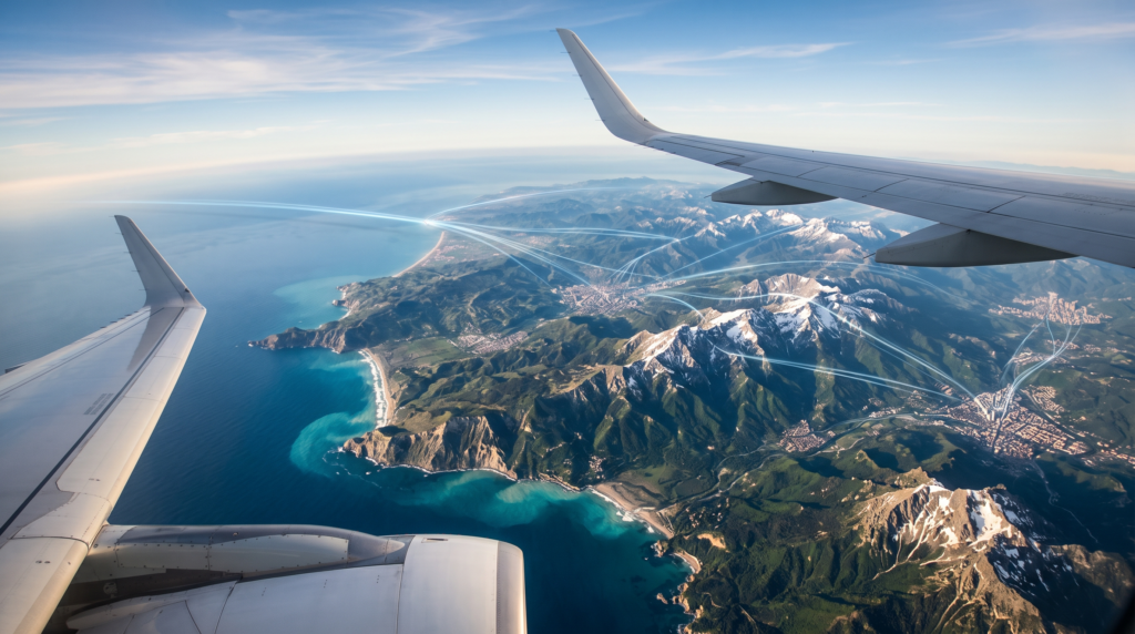 airplane flying over coastline and ocean
