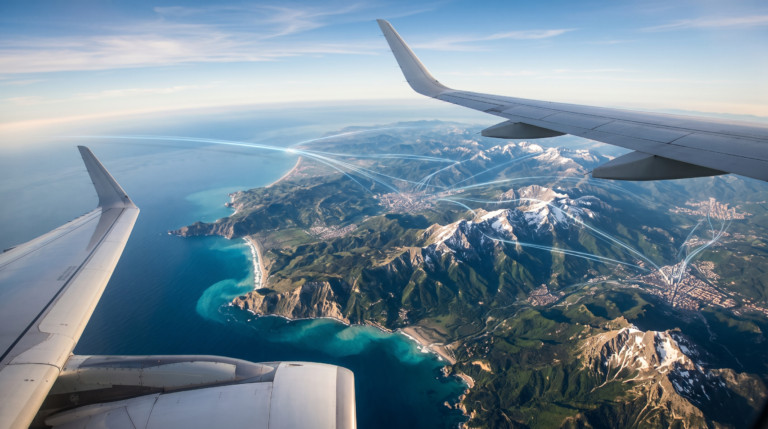 airplane flying over coastline and ocean