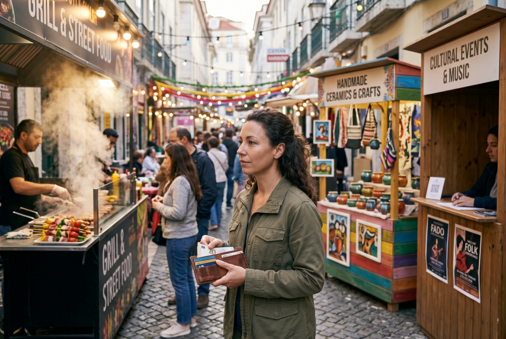 Traveler deciding how to spend money at a local evening market