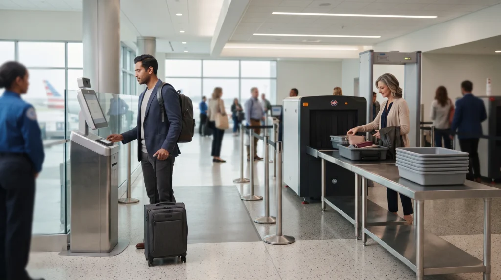 Traveler moving through airport identity verification and security screening