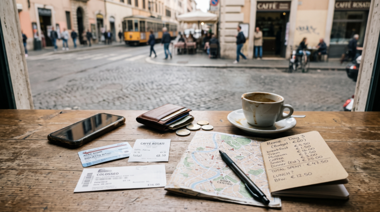 Receipts and tickets used to plan a daily travel budget