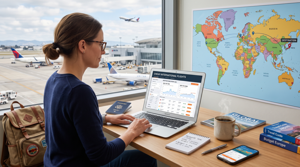 Traveler searching cheap international flights from USA online