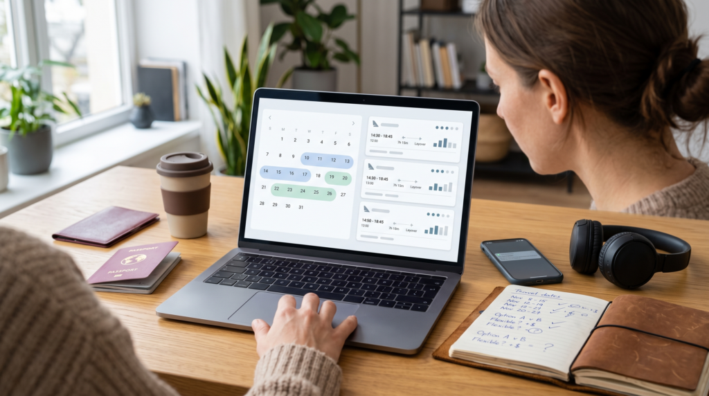Traveler comparing flight dates on a laptop