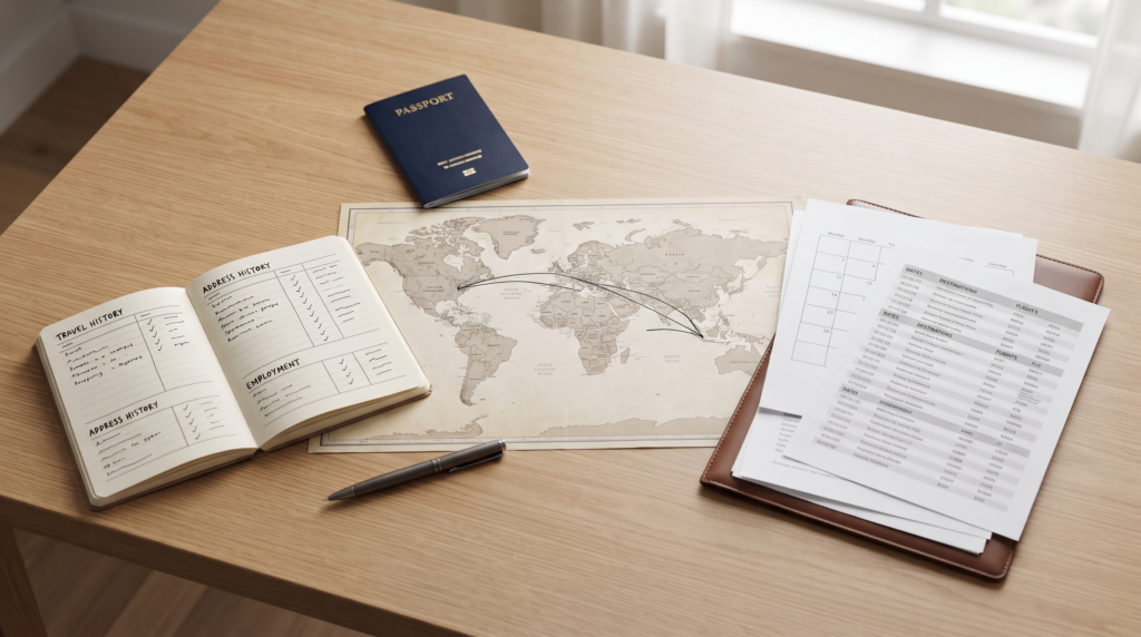 Travel records and application details prepared before an interview