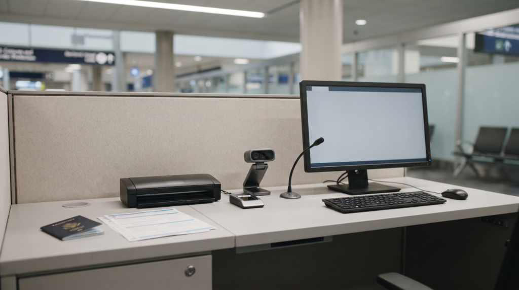 Airport interview desk with passport and biometric equipment