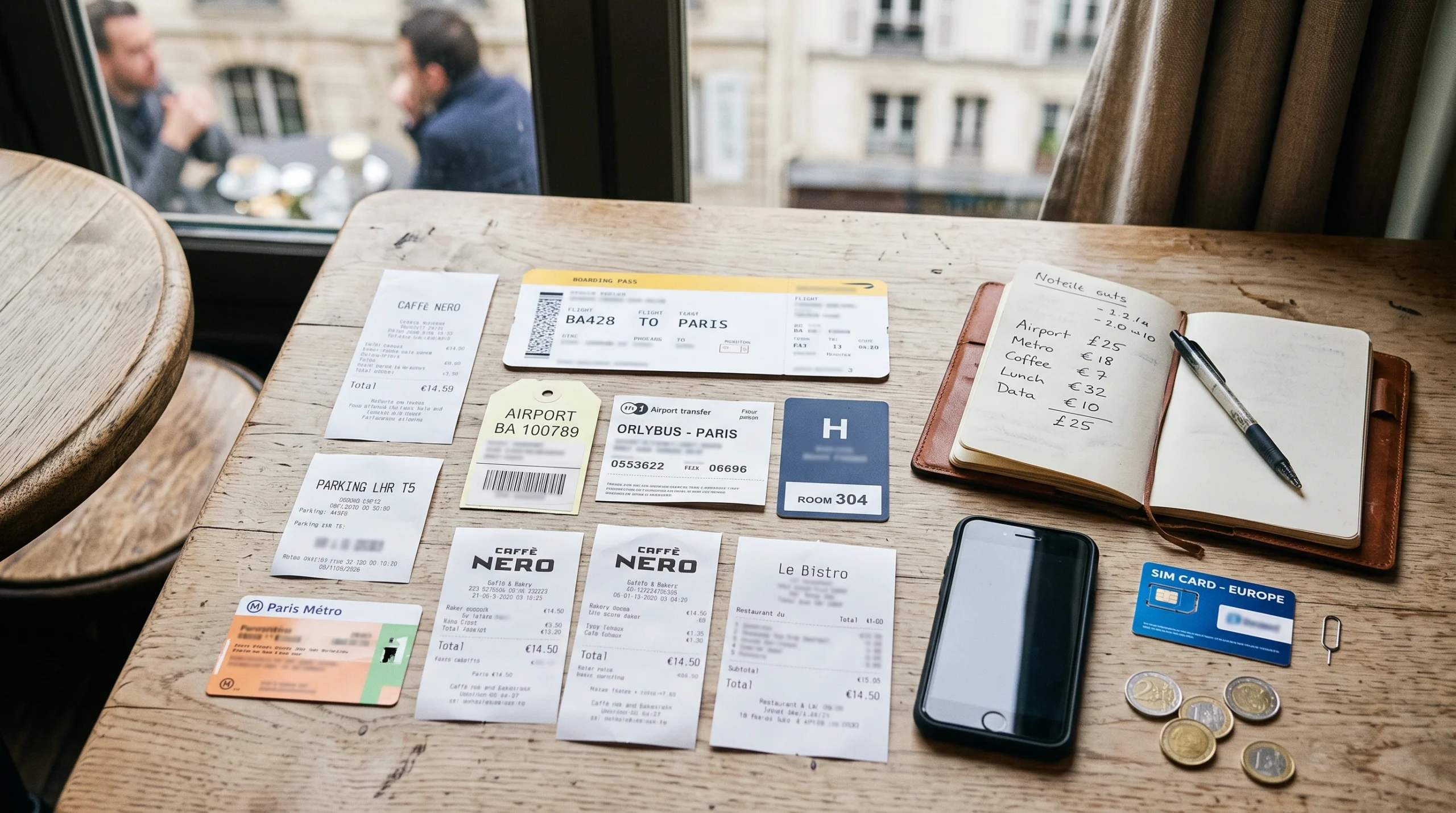 Receipts and travel extras representing hidden travel costs