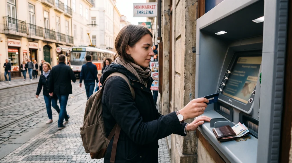 Traveler using an ATM while withdrawing money abroad