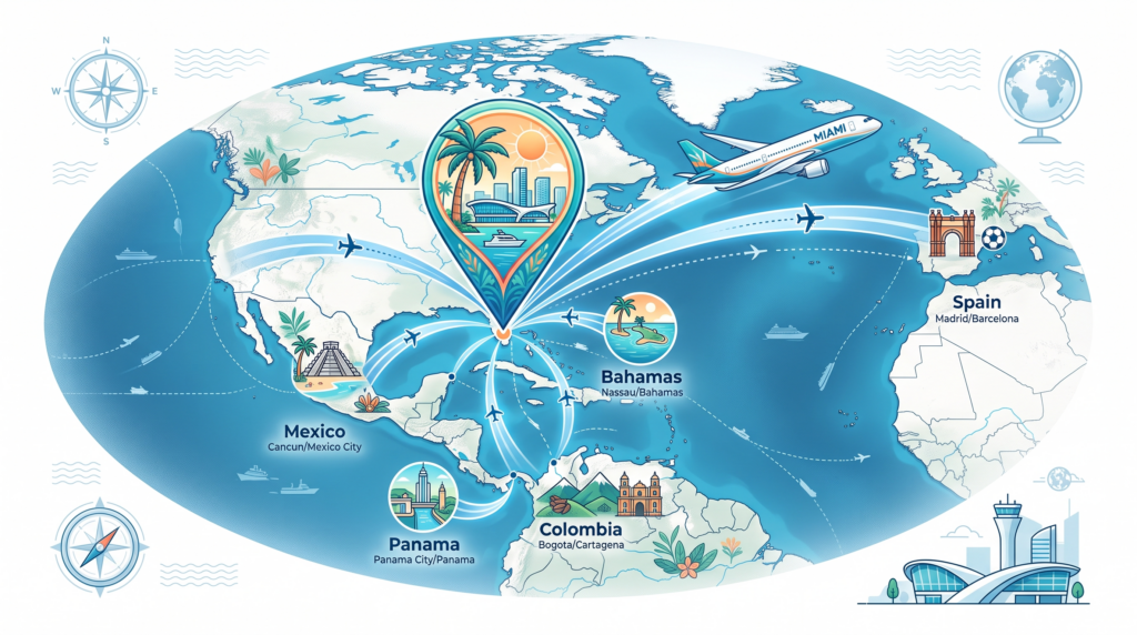 Flight routes connecting Miami to Caribbean and Latin American cities