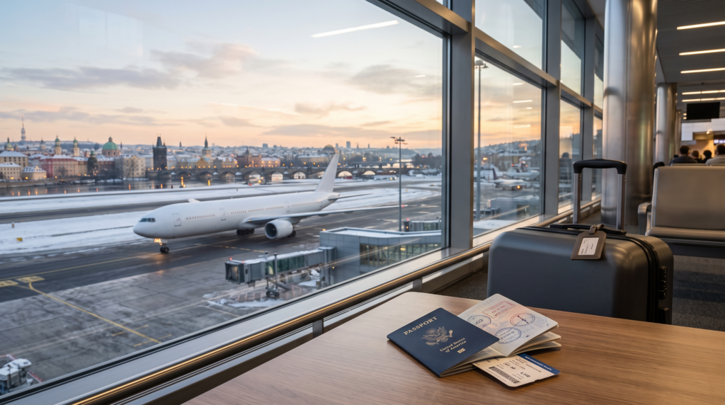 Airport departure setup for international vacation planning