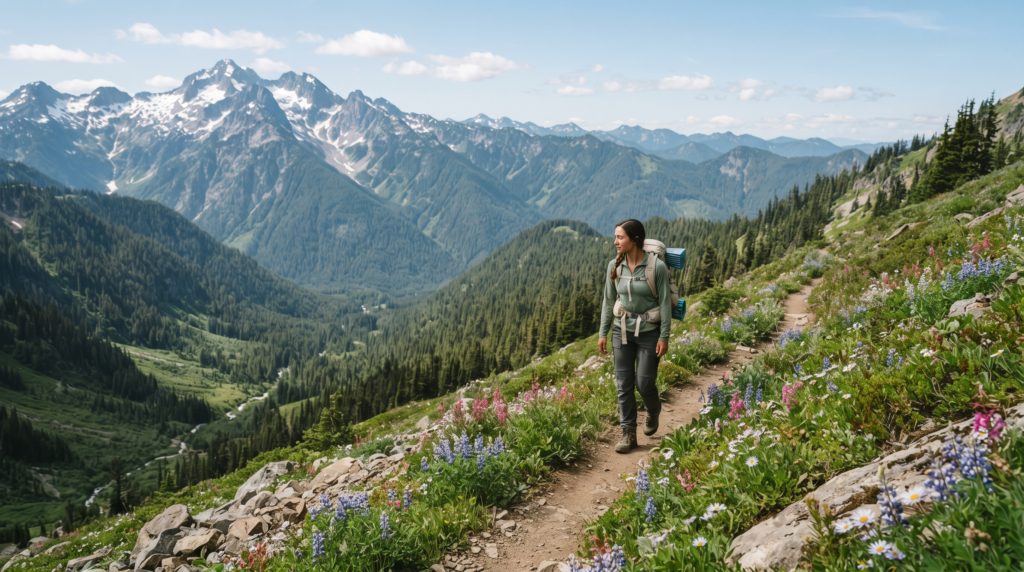 Hiking through a mountain landscape in June