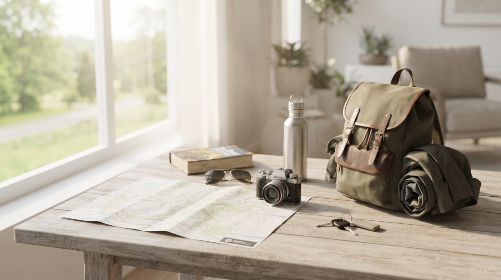 June trip planning essentials with a travel map and day bag