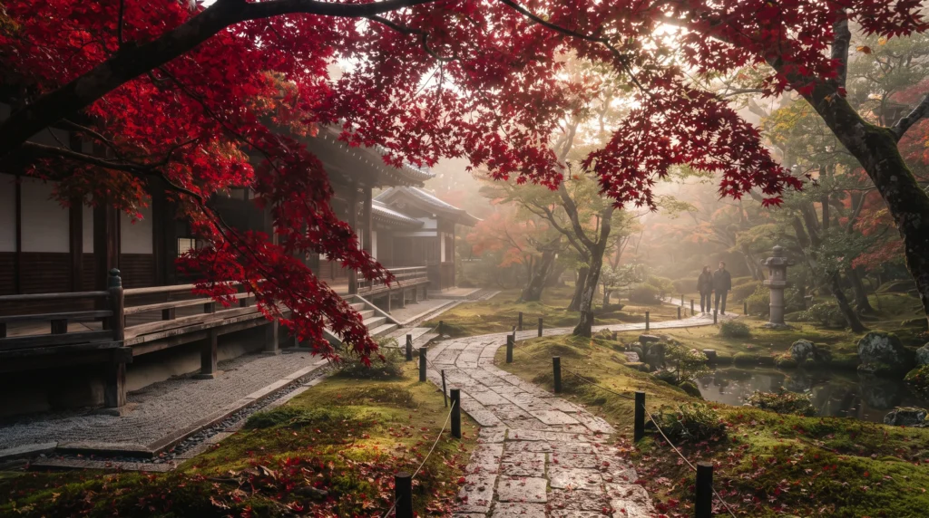 Kyoto temple surrounded by November fall foliage