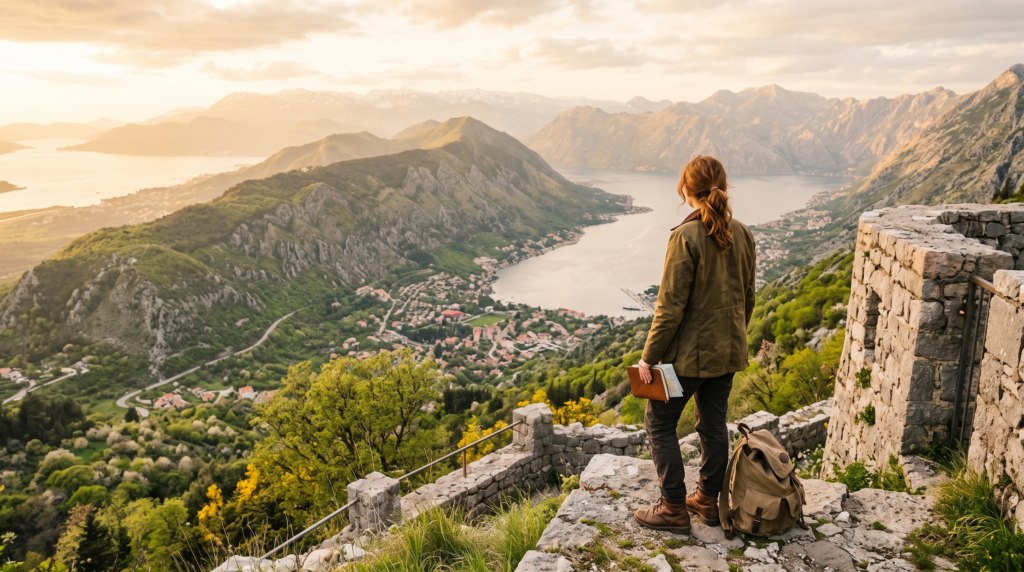 Traveler viewing a scenic landscape during early spring
