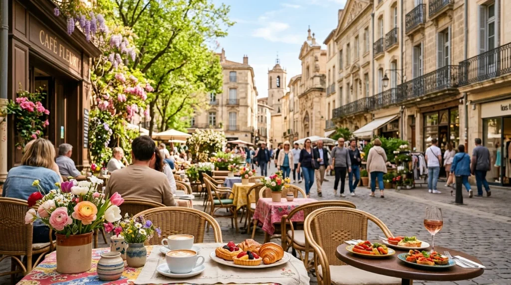 May city break with outdoor cafe and spring travel scenery