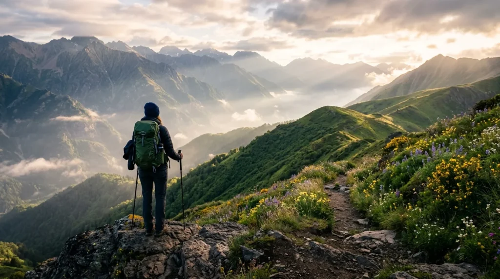 Spring hiking adventure in May with mountain scenery