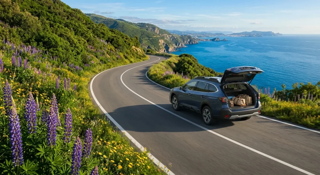 May road trip through a scenic spring landscape