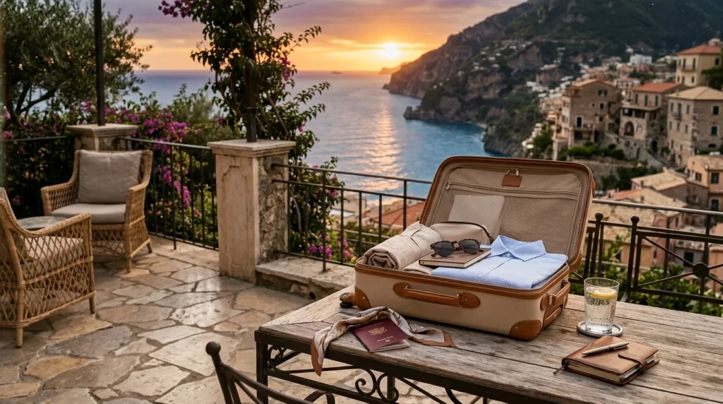 May vacation planning with coastal hotel view and travel essentials