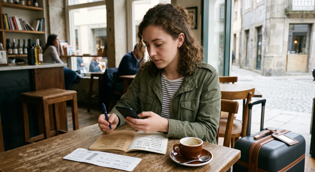 Maya Carter checking booking details before paying for a trip