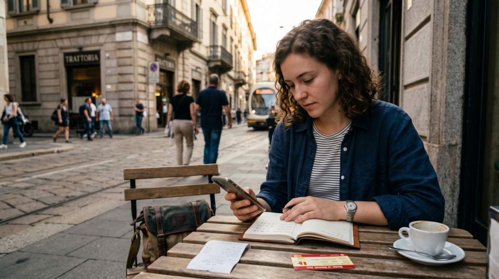 Maya Carter reviewing planned and actual spending during a trip