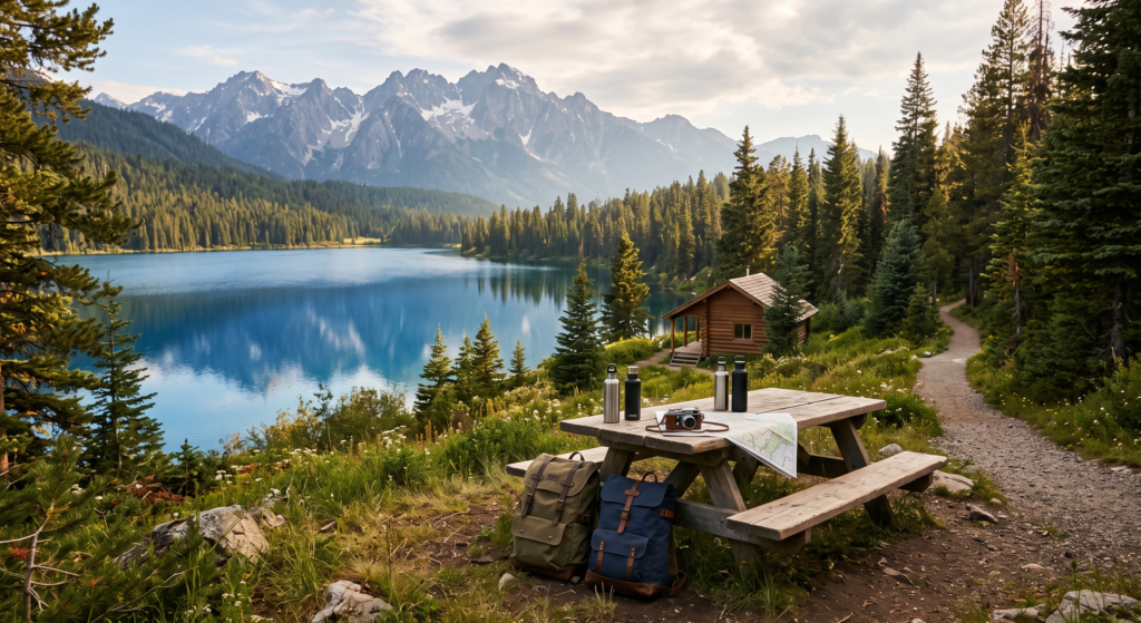 Lakeside vacation destination surrounded by mountains and pine trees