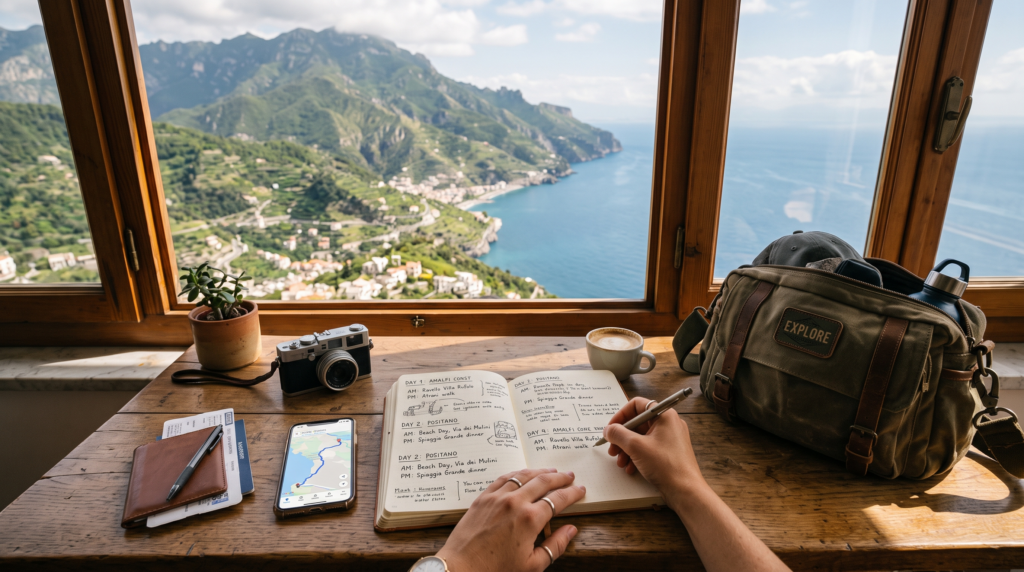 Traveler organizing a day-by-day travel plan