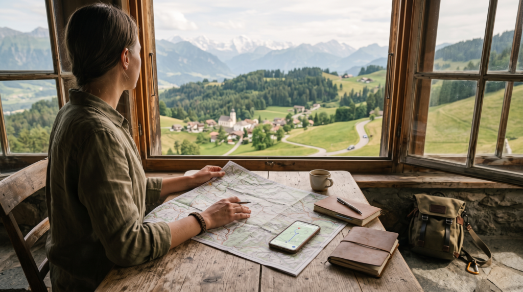 Planning a travel itinerary on a map