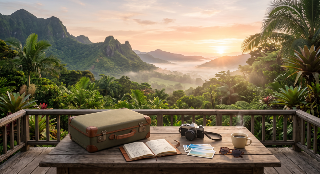 Tropical landscape with travel items after a vacation