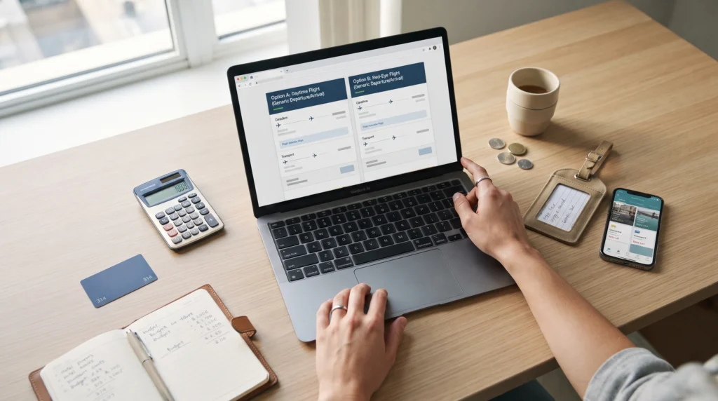Traveler comparing airfare and hotel costs before booking