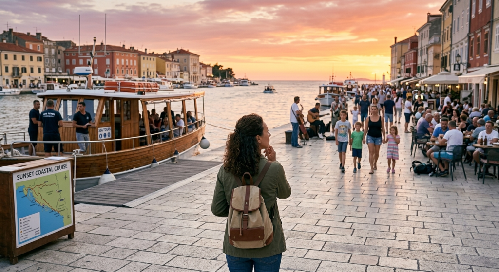 Traveler choosing between paid and free activities during a trip