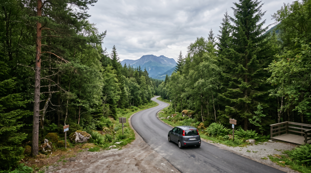 Road through a forest leading to a mountain viewpoint