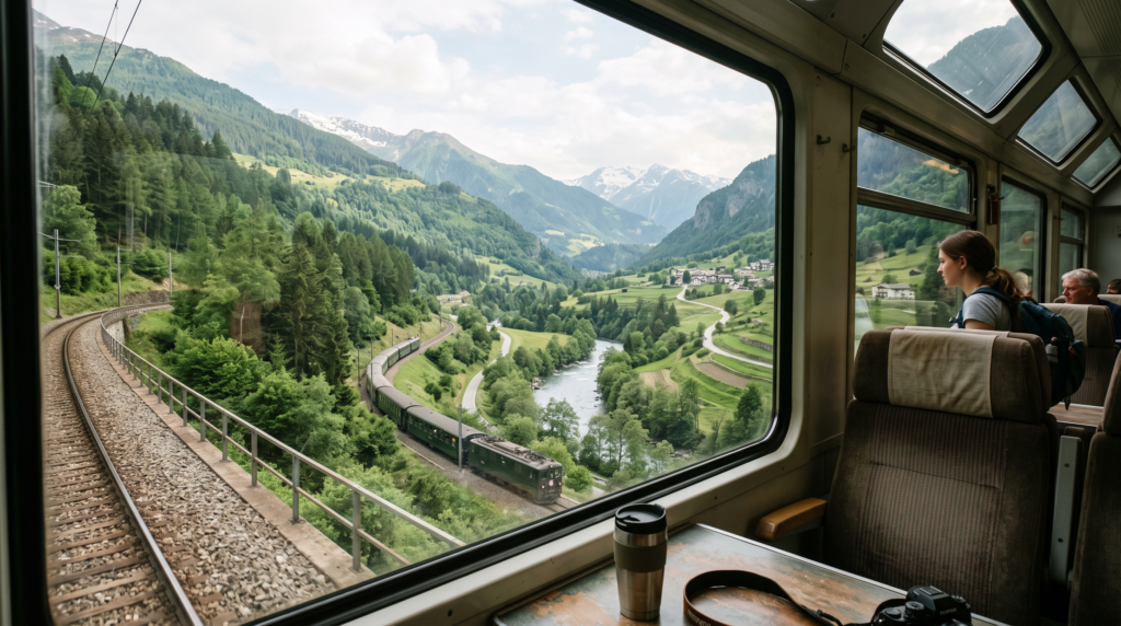 Train passing through a green mountain valley