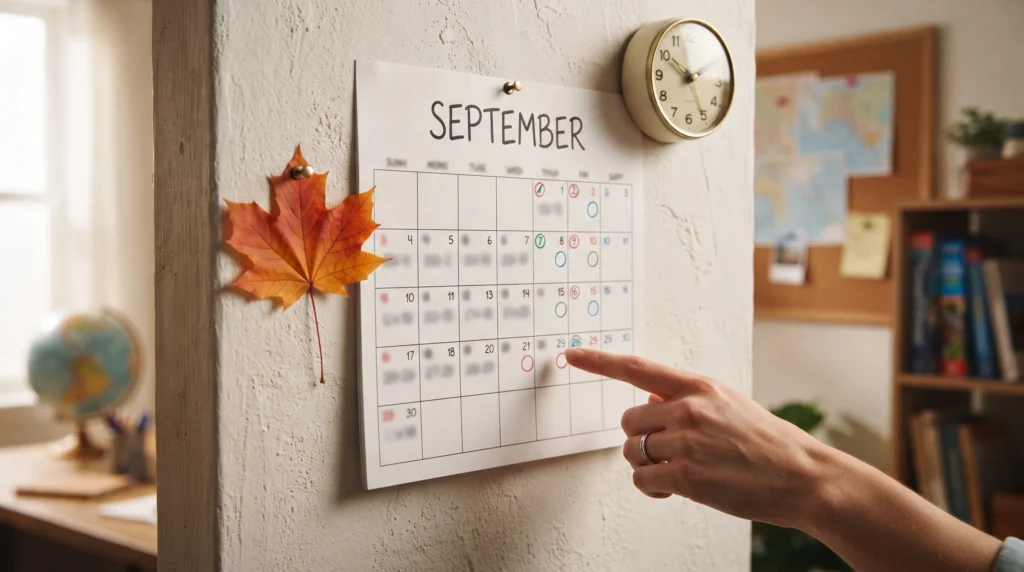 September calendar beside an autumn leaf for foliage planning