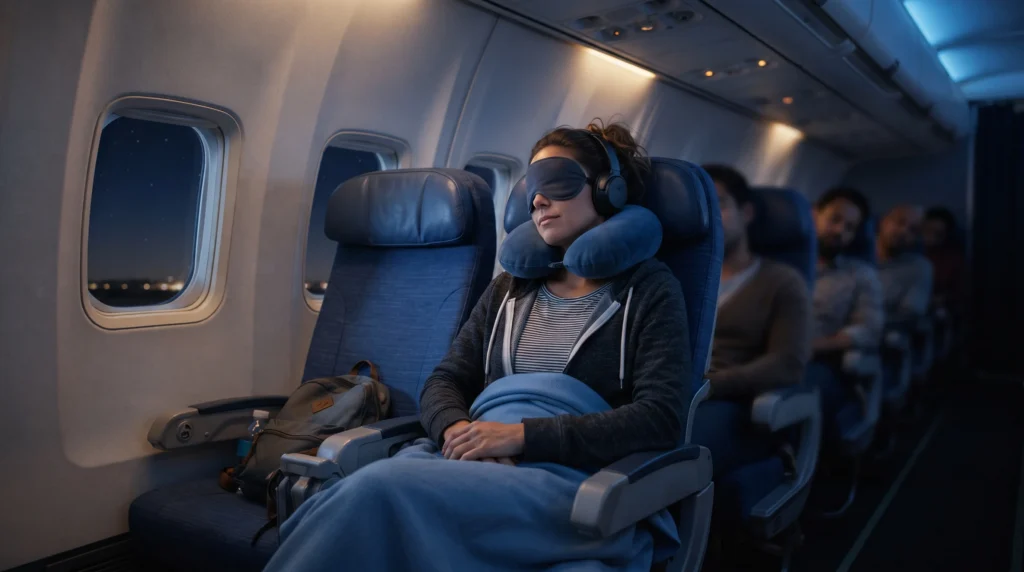 Passenger sleeping comfortably on an overnight flight
