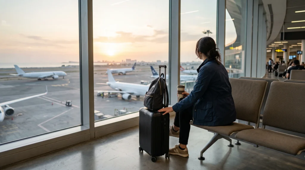 Traveler preparing for an international journey at an airport