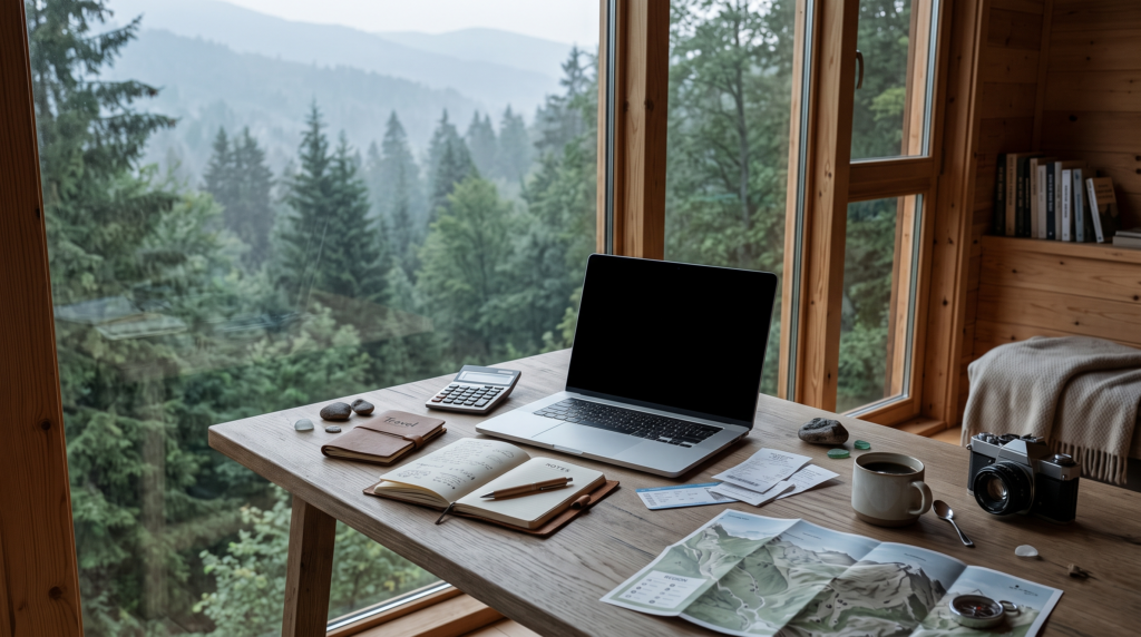Vacation budget planner workspace overlooking a forest