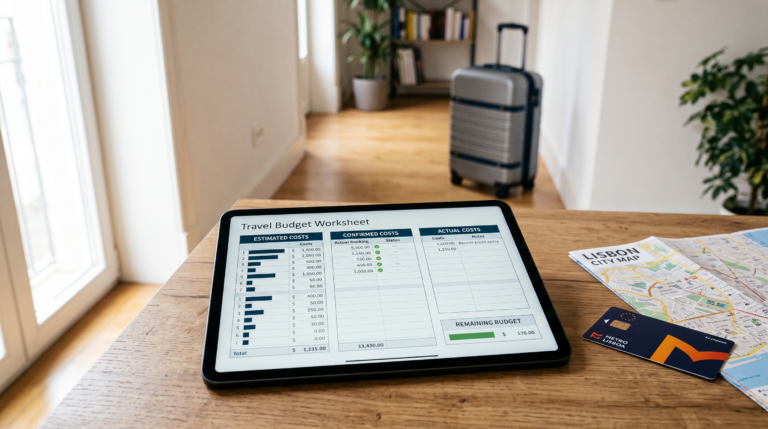 Travel budget template preview with estimated, confirmed, and actual expenses