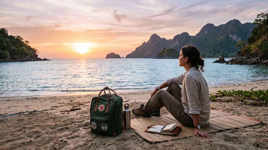 Traveler sitting on a beach at sunset