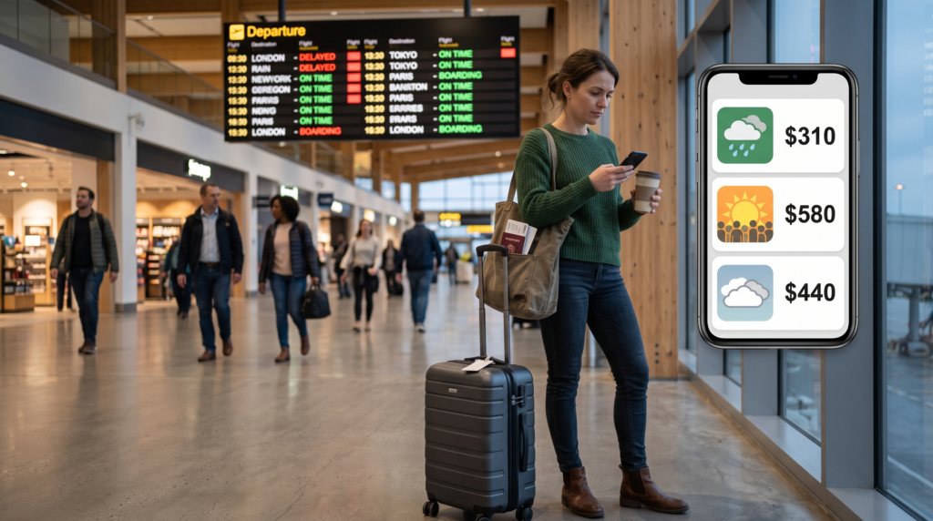 Traveler comparing flight options at an airport