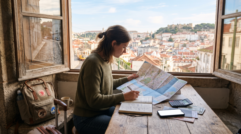 Traveler planning a travel itinerary