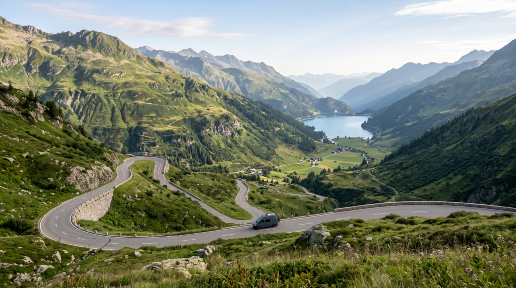 Scenic mountain road through a green valley