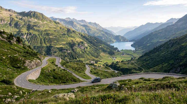Scenic mountain road through a green valley