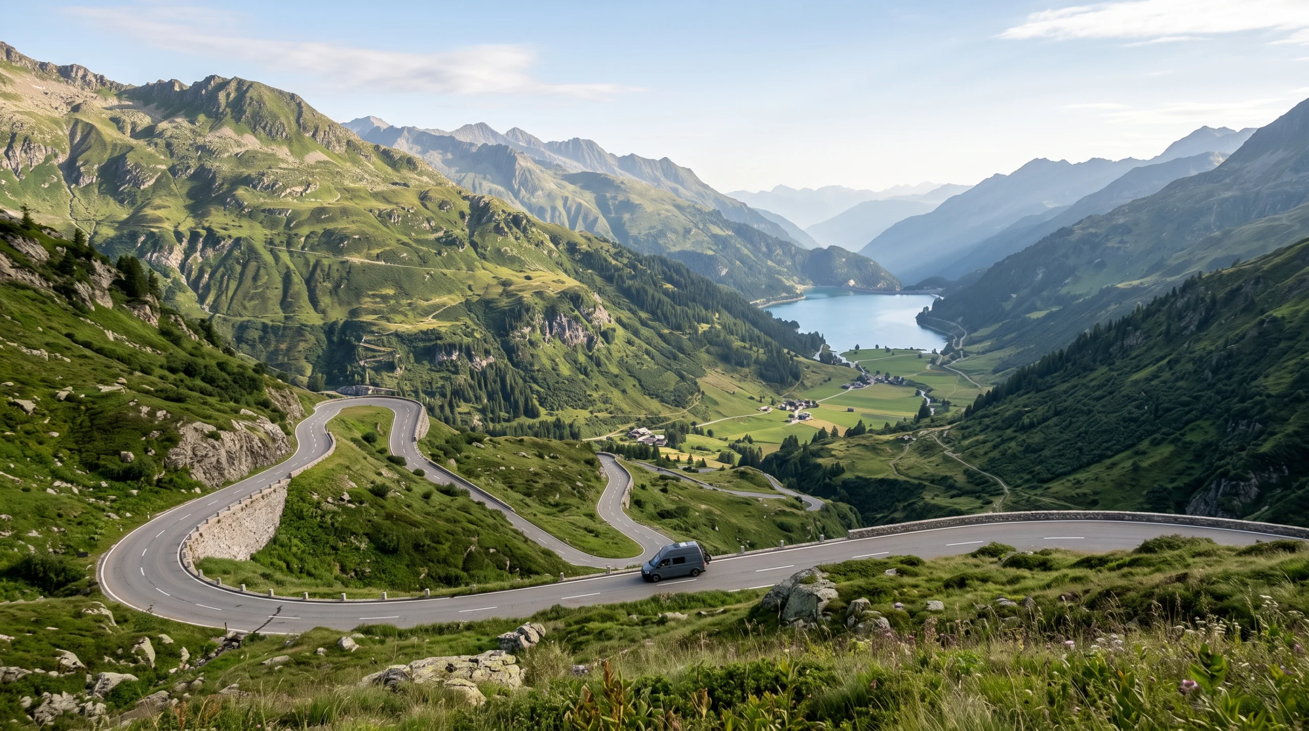 Scenic mountain road through a green valley