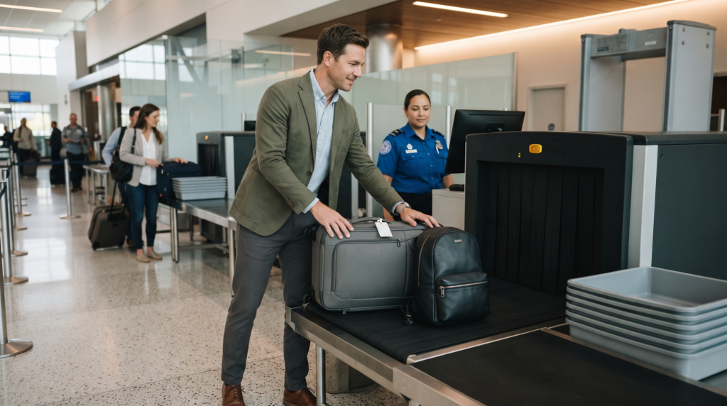 Traveler using an expedited airport security lane