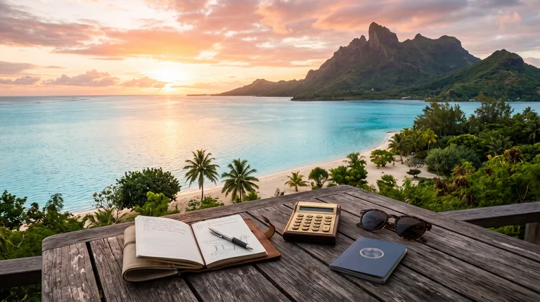 Coastal vacation destination with travel planning items