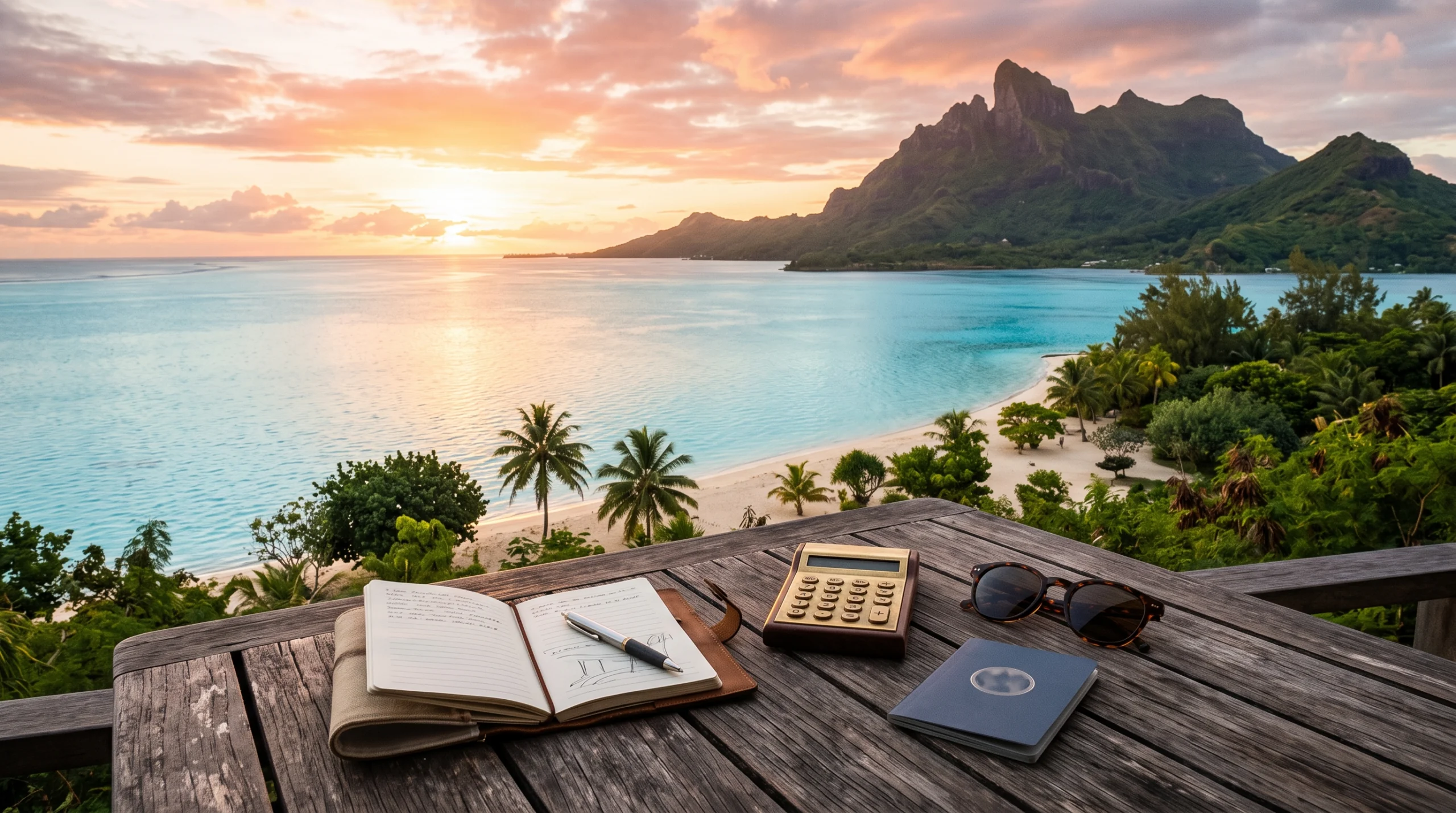 Coastal vacation destination with travel planning items