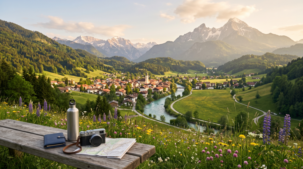 Mountain vacation landscape with travel essentials