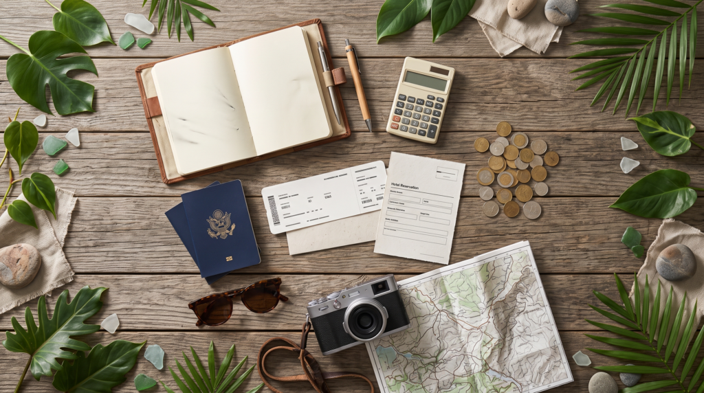 Vacation budget planning with travel documents and calculator