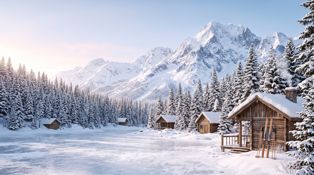 Snowy mountain landscape with winter travel activities