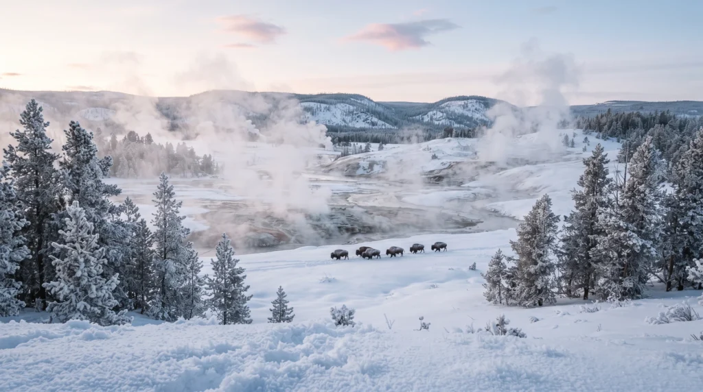 Yellowstone winter landscape among the best places to travel in December in the USA